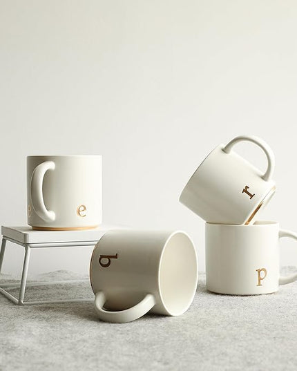 COLLECTIVE HOME - Monogram Ceramic Mugs, 15 oz Golden Initial Coffee Cups, Elegant Alphabet Tea Mugs, Elegant Personalized Mug with Gift Box, Luxurious Cups for Office and Home (e)