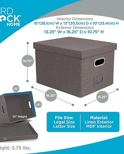 Internet's Best Collapsible File Storage Organizer with Lid - Decorative Linen Filing & Storage Office Box – Hanging Letter/Legal Folder – Home Office Bins Cabinet – Grey Container - 4 Pack