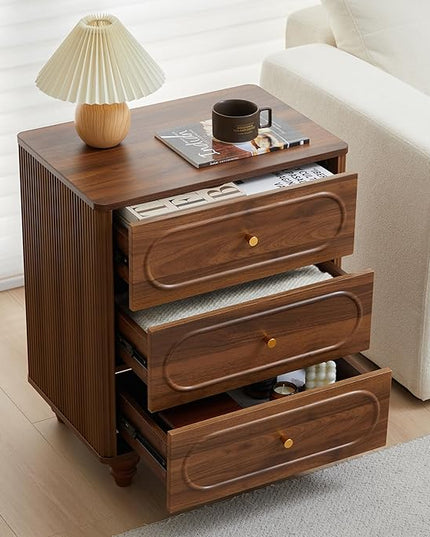 3 Drawer Fluted Dresser for Bedroom, Mid Century Modern Chest of Drawers, Wood Storage Small Dresser Organizer for Bedroom Living Room Hallway Closet, Walnut