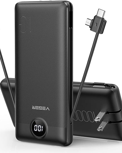 VEGER Portable Charger for iPhone Built in Cables and Wall Plug, 10000mah Slim Fast Charging USB C Power Bank, Travel Essential Battery Pack Compatible with iPhones, iPad, Samsung More Devices(Black)
