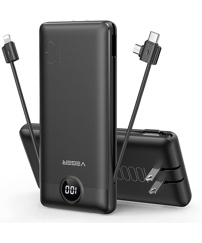 VEGER Portable Charger for iPhone Built in Cables and Wall Plug, 10000mah Slim Fast Charging USB C Power Bank, Travel Essential Battery Pack Compatible with iPhones, iPad, Samsung More Devices(Black)