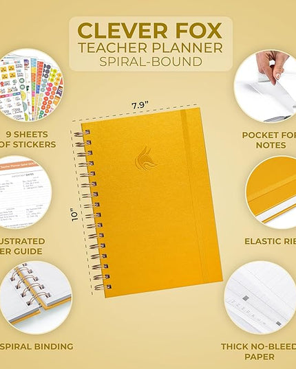 Clever Fox Teacher Planner Spiral – School Year Planner with Calendars & Lesson Plans – Teacher Plan Book for Classroom & Homeschool Organization - Undated, 7.9x10″ (Amber Yellow)