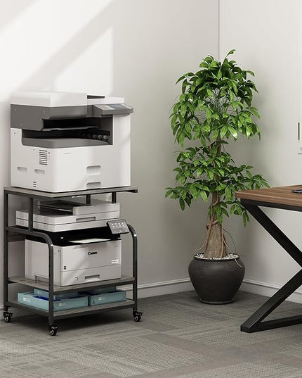Large Printer Stand Table 23.6 x18.9 x 30 Inches with Height Adjustable Storage Shelf, 3 Tier Rolling Printer Cart with Wheels for Home Office, Gray