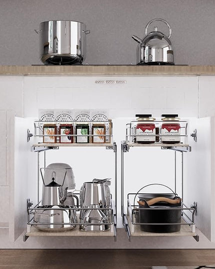 2 Tier Pull Out Cabinet Organizer 20" W X 22" D, Slide Out Drawers For Kitchen Cabinets, Pull Out Drawers For Cabinets Capacity Heavy Duty Caddy, Cabinet Pullout Shelves Wood Chrome, Pantry Storage
