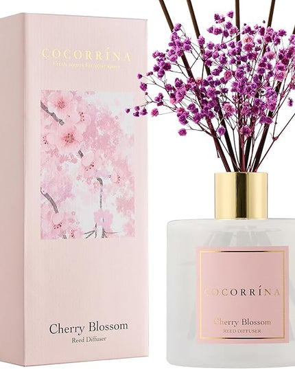 COCORRÍNA Reed Diffuser - Cherry Blossom 17 Fl.oz Reed Diffuser with 8 Sticks Scented Diffuser with Preserved Flowers for Bathroom Home Decor