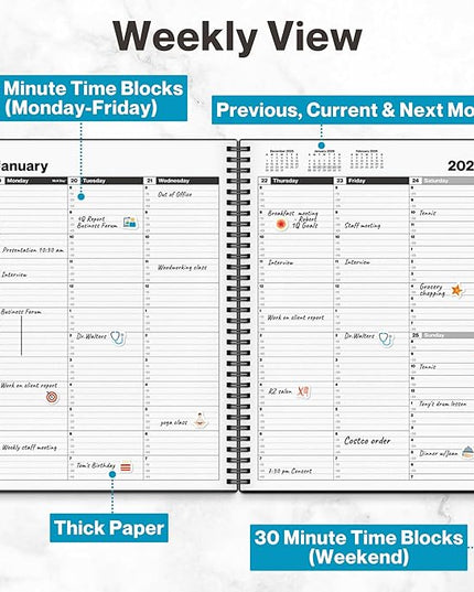 Dunwell Daily Planner 2026, 8.5x11 Appointment Book, 15-Min Hourly Schedule, Jan to Dec 2026, Large Planner with Laminated Tabs, Premium Paper Quality