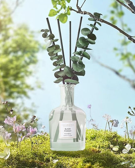 COCORRÍNA Black Forest Reed Diffuser – 6.76 oz Essential Oil with Sticks & Dried Eucalyptus Branches, Home Fragrance for Bedroom or Bathroom Décor