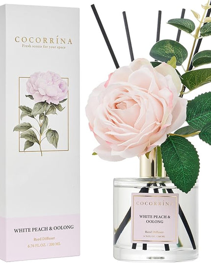 Cocorrína Flower Reed Diffuser - White Peach& Oolong 6.7oz Scented Diffuser with Sticks Home Fragrance Essential Oil for Bathroom Shelf Decor (Artificial Flower)