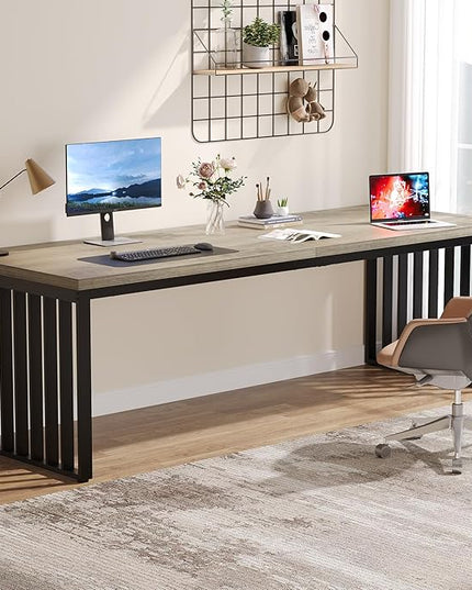 Tribesigns 78.74" Extra Long Computer Desk 2 Person Desk, Double Long Desk with Heavy Duty Metal Frame, Double Workstation Study Table for Home Office, Brown (Without Chair) (Gray & Black)