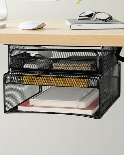 Safco 3244BL Onyx Mesh Deluxe Under Desk Hanging File & Paper Organizer, Black, Steel Construction, 2 Compartments, Tabletop or Desktop. Perfect for Home, Office & Classrooms, Black