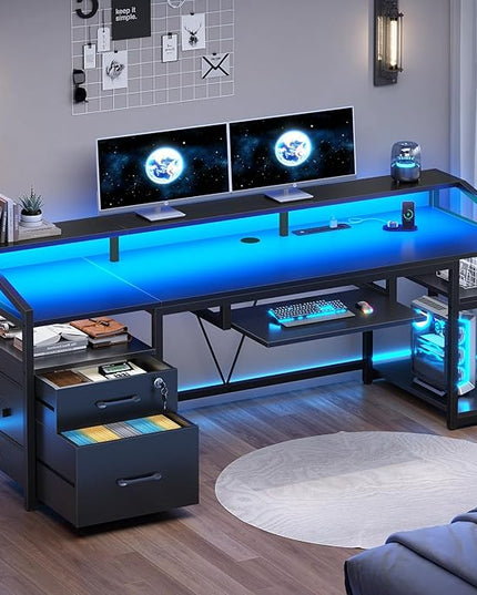 SEDETA 63" Computer Desk, Office Desk with Lockable Drawers for Legal/Letter File, Gaming Desk with LED Lights & Power Outlet, Home Office Desks with Storage, Black