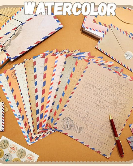 TaoBary 160 Pcs Stationery Paper Set 50 Double Sided Stationery Papers with 50 Matching Envelopes and 60 Round Dot Sticker, 10 Design(Vintage Travel,8.5 x 11 Inch)