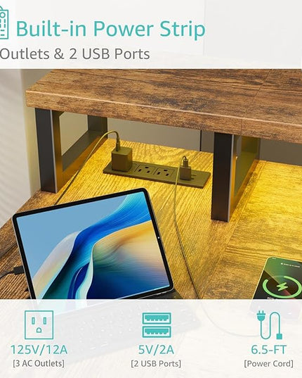 Lufeiya L Shaped Gaming Desk with Led Lights and Power Outlets, 47 Inch Corner Home Office Desk with Monitor Stand Shelves, Writing Study Computer Desks with Fabric Drawers for Bedroom, Rustic Brown