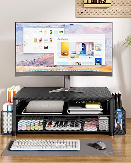 OPNICE Desk Organizer and Accessories, 2-Tier Computer Monitor Stand with Drawer and 2 Pen Holders, Laptop Stand, Office Desk Accessories for Office Supplies, Carbon Fiber
