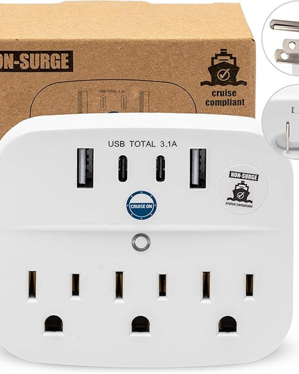 Cruise Approved Power Strip Foldable, Non Surge Protector Travel Power Strip, 2 USB-C, 2 USB, 3 AC Outlet Plugs - Cruise Essentials for Carnival, Celebrity, Princess & Major Lines in 2026 & 2027