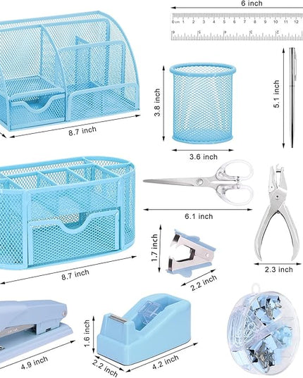 17 in 1 Blue Desk Organizers and Accessories Set, 3 Office Desk Supplies Storage Organization, 4 Pens, Stapler, Staples & Remover, Tape & Dispenser, Scissors, Ruler, Clips, Hole Punch, Back to School