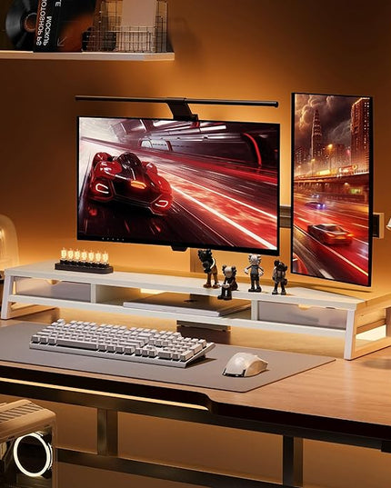 Fenge Dual Monitor Stand, Monitor Riser with Drawer, 42.5 Inch Large Computer Monitor Stand for 2 Monitors, 2 Tier Wooden Desk Shelf for Top of Desk