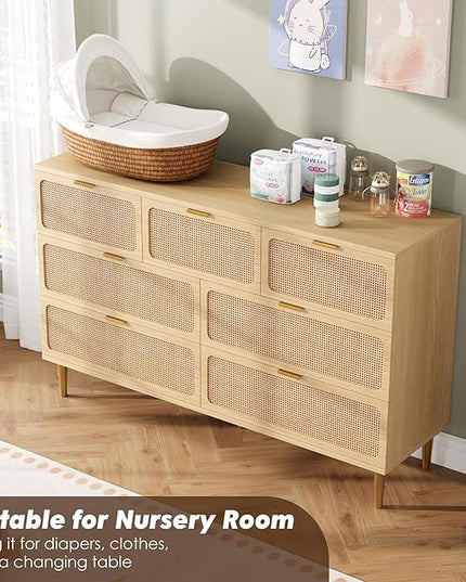 Garvee Rattan Dresser with 7 Drawers, Tall Modern Closet with Deep Storage, Large Chest of Drawers with Wide Top, Long Wooden Dresser for Bedroom, Living Room, Hallway, Kids Room, Natural