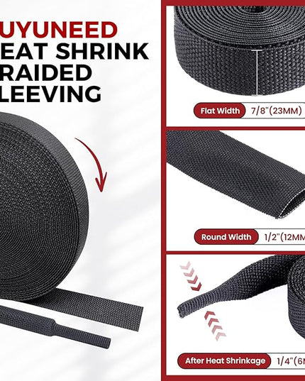 Braided Sleeving 2:1 Shrinkable Fabric Heat Shrink Tubing- Abrasion Protection Flexibility Wiring Harness Cable Sheath (1/2" ID, 30ft)