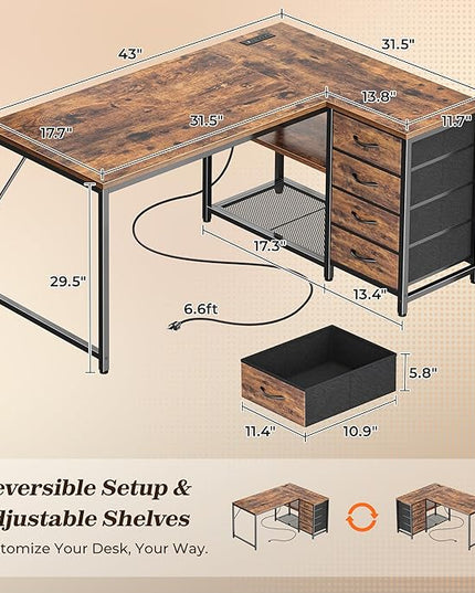 PRAISUN 43.3" Small Computer Desk with Power Outlets and USB-C Port, Reversible L Shaped Corner Office Desk with 4 Fabric Drawers and 2 Height-Adjustable Shelves, for Gaming Writing, Rustic Brown