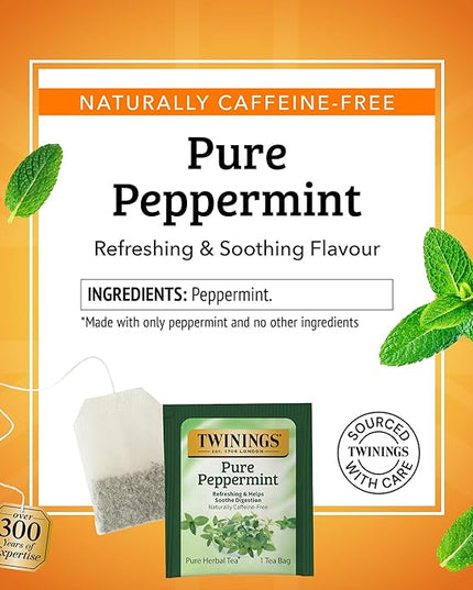 Twinings Pure Peppermint Herbal Tea Individually Wrapped Bags, 50 Count (Pack of 6), Fresh Minty Flavour, Naturally Caffeine-Free, Enjoy Hot or Iced, 300 Teabags