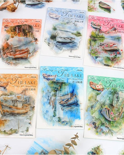 Dwpetzo Vintage Lake Boat Scenery Scrapbook Stickers Set, 120 Pieces Decorative Transparent PET Stickers for Journaling, Junk Journal Supplies, Collage, Scrap Book, Bujo