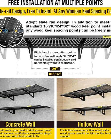 2-Pack 1.64x4ft Adjustable Garage Wall Shelving 560lbs Load Capacity Heavy Duty Wall Mounted Storage Shelf Metal Floating Shelves for Garage(Black)