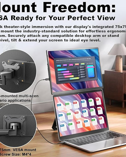 domyfan 16.1'' Laptop Screen Extender, 360° Rotating Detachable Stand/VESA Support, FHD 1200P IPS Portable Monitor, Plug & Play with HDMI/USB-A/Type-C, Compatible Win/Mac/Android