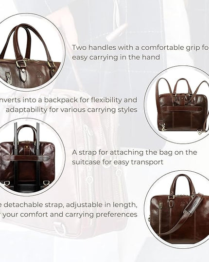 Time Resistance Leather Laptop Briefcase - Full Grain Leather Computer Bag for Men and Women