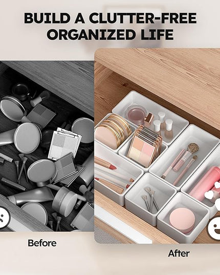 eazttouz 8 Pack Stackable Drawer Organizer Trays, Plastic Shallow Storage Bins for Bathroom Vanity, Desk Drawer, Kitchen, Makeup Organization, White (4M+4S)