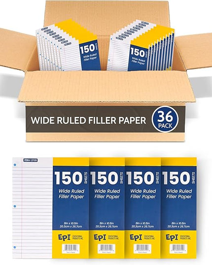 EPI Filler Paper | Wide Ruled | Loose Leaf, 3-Hole Punched, 10.5 x 8 in, 150 Sheets | School, Office, Notes, Binder Refill - 36 Pack
