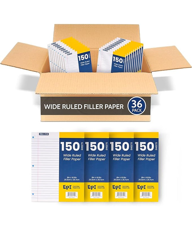 EPI Filler Paper | Wide Ruled | Loose Leaf, 3-Hole Punched, 10.5 x 8 in, 150 Sheets | School, Office, Notes, Binder Refill - 36 Pack