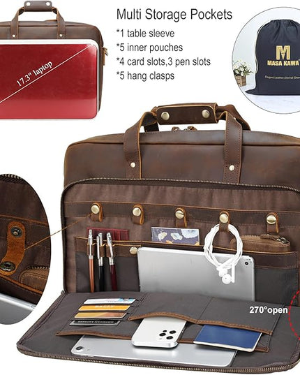 Masa Kawa Leather Briefcase for Men 17/15.6" Laptop Crossbody Shoulder Messenger Bag Business Travel Work Attache Case