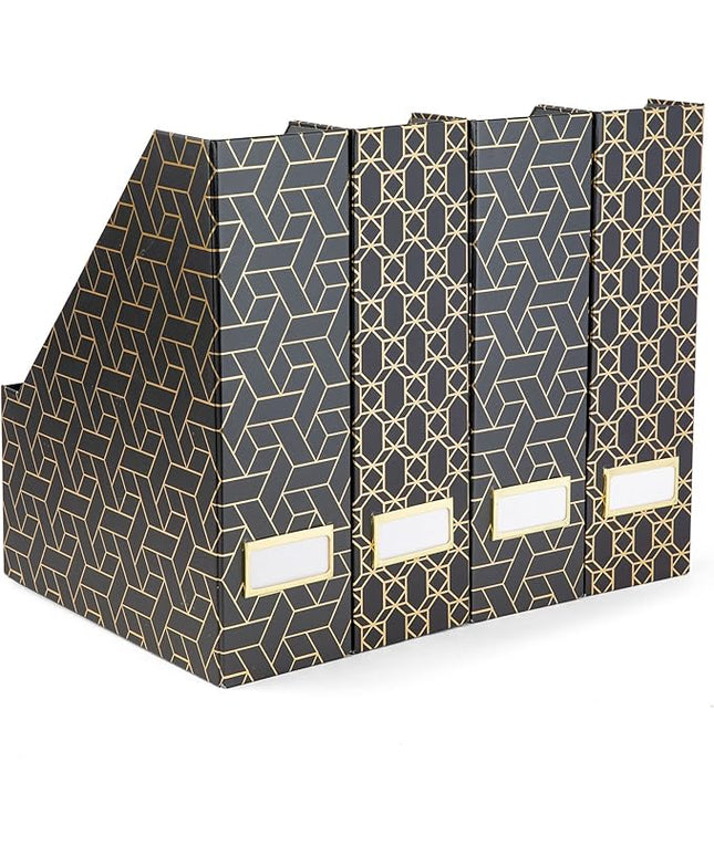 BLU MONACO | Set of 4 Black & Gold Geometric Magazine File Holders with Gold Label Holders | Stylish Vertical File Organizer Boxes for Desk, Bookshelf & Office Storage