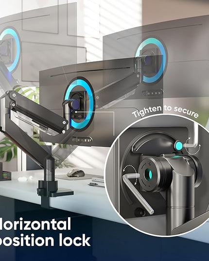 ONKRON Heavy Duty Monitor Arm for 17-57 Inch Screens up to 59.4 lbs, Ultrawide Screen Mount with Adjustable Gas Spring, VESA 75x75-200x200, Single Arm Monitor Mount for Desk, Clamp & Grommet Black