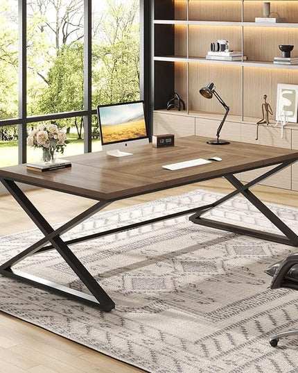 IBF Wood Large Computer Desk, 70.8” Long Home Office Desk for Two Person, Farmhouse Work Study Writing Table in Bedroom, Simple Wide Metal Executive Double PC Gaming Workstation, Rustic Oak