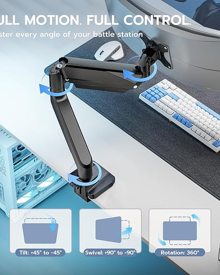 ARES WING Single Monitor Arm, Heavy Duty Adjustable Monitor Arm for 13"-49" Screens with USB, Gas Spring Desk Mount Stand with C Clamp/Grommet Mounting Base up to 40lbs Computer, Black