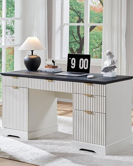JXQTLINGMU 58" Modern Executive Desk with Storage, Wood Home Office Desk with 5 Drawers & 1 Cabinet, Fluted Computer Writing Desk for Study, Living Room, Bedroom, Antique White