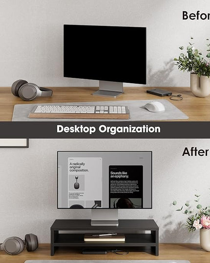 FITUEYES Monitor Stand - 2 Tier Computer Monitor Riser with 21.3 Inch Shelf, Wood Desktop Stand for Laptop Computer Screen, Desk Organization, Office Supplies