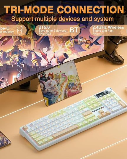 AULA F108 PRO - Wireless Mechanical Keyboard with Screen&Knob,Hot Swappable Gaming Keyboard with 8000mAh Battery,Pre-lubed Switches,RGB Backlit,PBT Keycaps Creamy Sounding Computer Keyboards,104 Keys