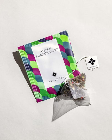 Art of Tea | Organic Green Pomegranate Tea| 50 Eco Friendly Pyramid Tea Bag Sachets