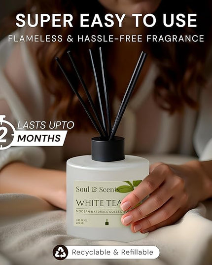 Soul & Scents Reed Diffuser Set – White Tea | 7.43 oz Refillable Scented Oil with 6 Fiber Sticks | Long-Lasting Home Fragrance & Air Freshener for Bedroom, Bathroom, Office | Gift & Décor Piece