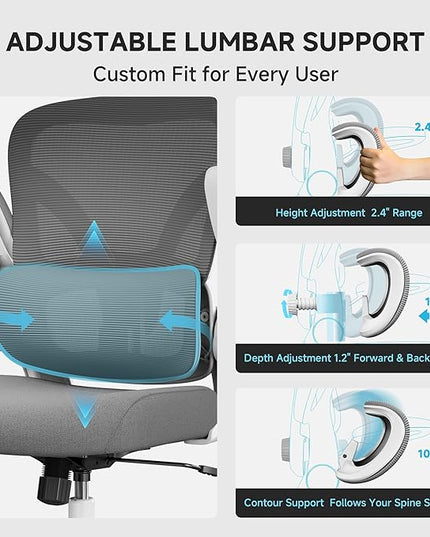 Ergonomic Office Chair, 330LBS Desk Chair with 3-Level Lumbar Support & Headrest, Breathable Mesh Backrest, Flip-Up Armrests for Home Office and Gaming, White and Gray