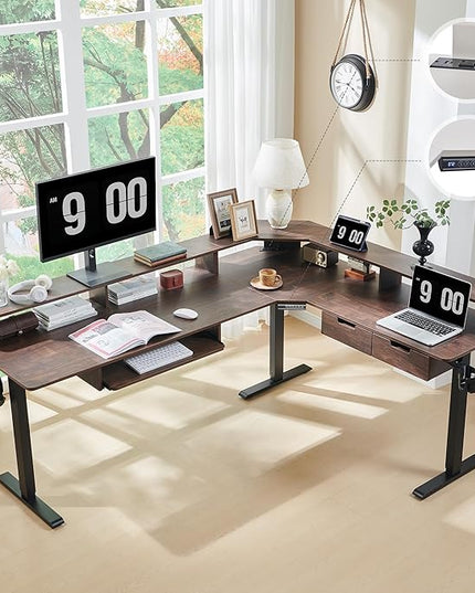 RedLemon 75X60 Inches L Shaped Electric Standing Desk, Height Adjustable Corner Gaming Desk with Drawers, Keyboard Tray, Power Outlets & LED Lights, Computer Desk with Monitor Shelf, Dark Walnut