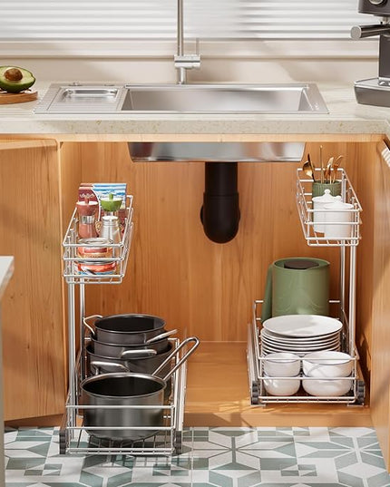 Under Sink Organizer 2 Packs, Pull Out Cabinet Organizer 2 Tier, Under Sink Slide Out Organizer Chrome Plated, Under Kitchen Bathroom Sink Organizer, Pantry Cabinet Closet Organization Rack, 9"W X19"D