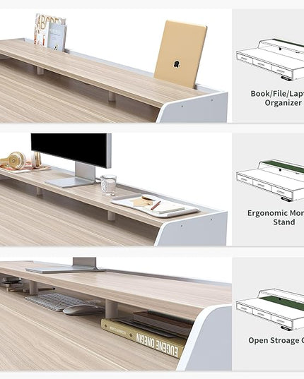 FEZIBO Electric Standing Desk with Drawers, 55x26 Inch Adjustable Height, Stand Up Desk with Monitor Shelf, Sit Stand Home Office Desk, Light Walnut