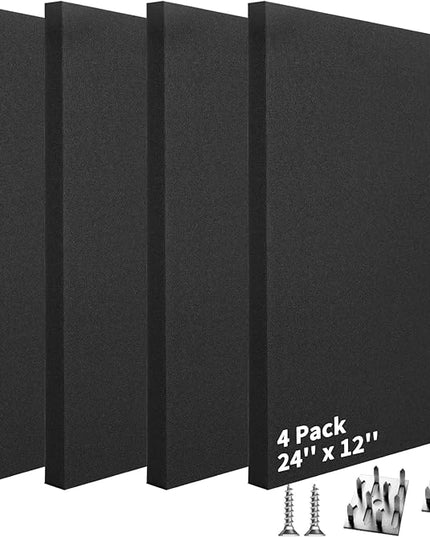 Art3dwallpanels 4 PCS Acoustic Panels, 24''x12'' Fabric Soundproof Wall Panels, Easy-Hook Mounting Sound Absorbing Panels for Studios, Office, Home Theater, Black