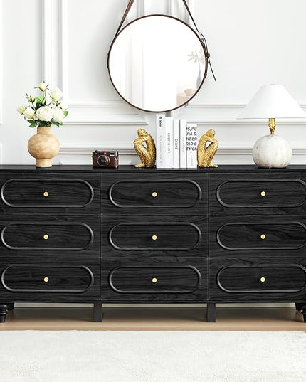 9 Drawer Fluted Dresser for Bedroom, Mid Century Modern Chest of Drawers, Wood Storage Small Dresser Organizer for Bedroom Living Room Hallway Closet, Black