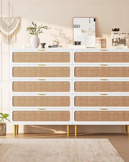 Garvee Rattan Dresser with 5 Drawers, Tall Modern Closet with Deep Storage, Large Chest of Drawers with Wide Top, Long Wooden Dresser for Bedroom, Living Room, Hallway, Kids Room, White