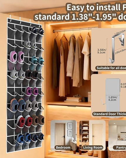 Over the Door Shoe Organizer with 40 Large Pockets, Multi-Purpose Storage for Shoe and Accessories, Durable Fabric with Adjustable Hooks for Home Closet Bedroom Entryway-Black